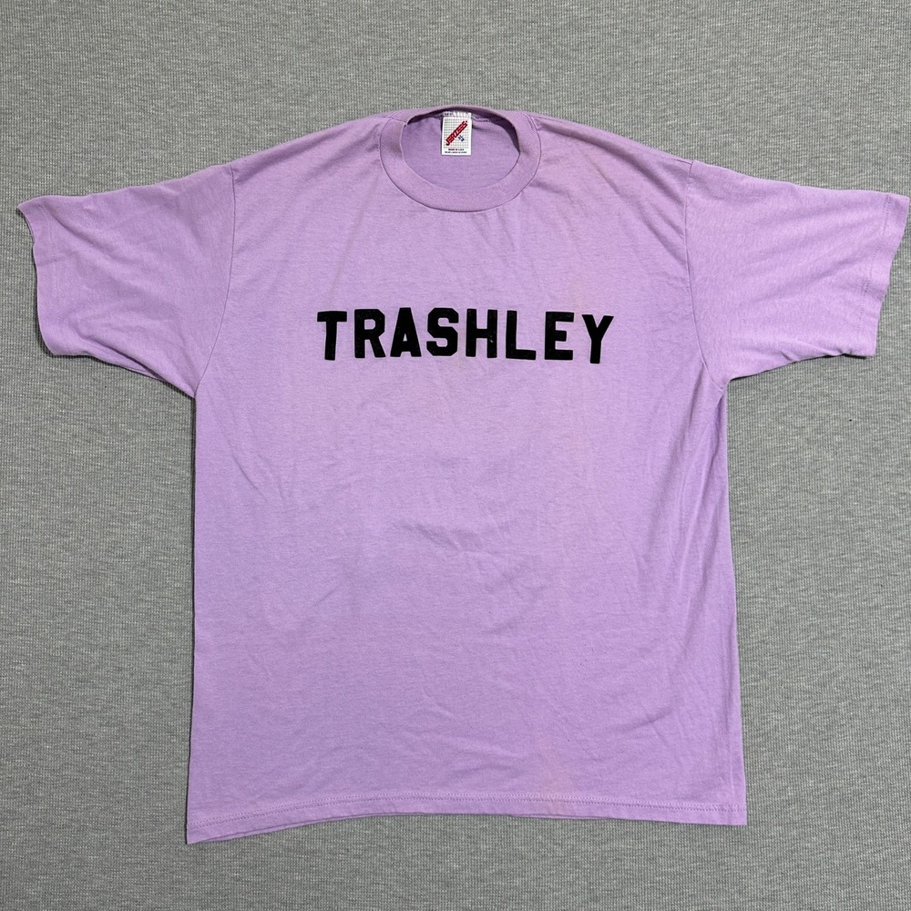 Vintage Jerzees Trashley Graphic T-Shirt Humor Short Sleeves Purple Mens Size XL